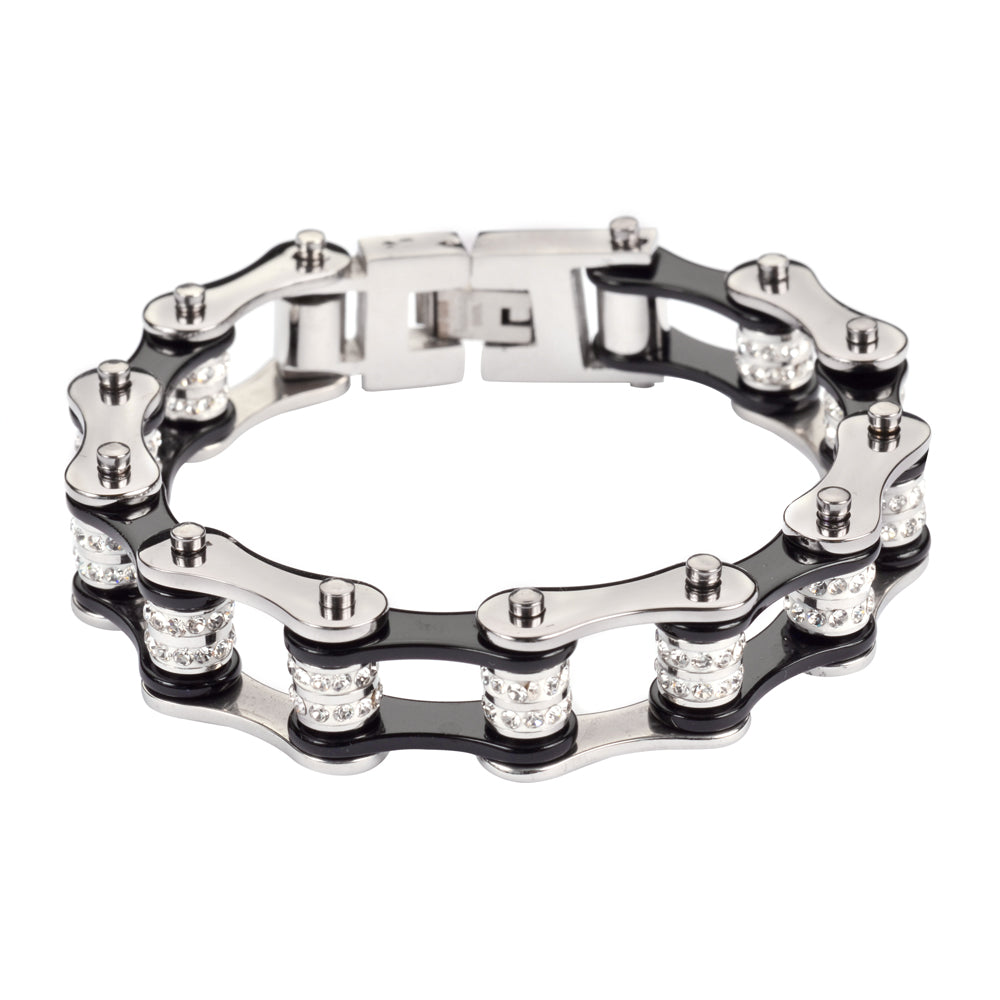 SK1616 1/2" Wide Silver Black Double Crystal Rollers Stainless Steel bicycle Bike Chain Bracelet