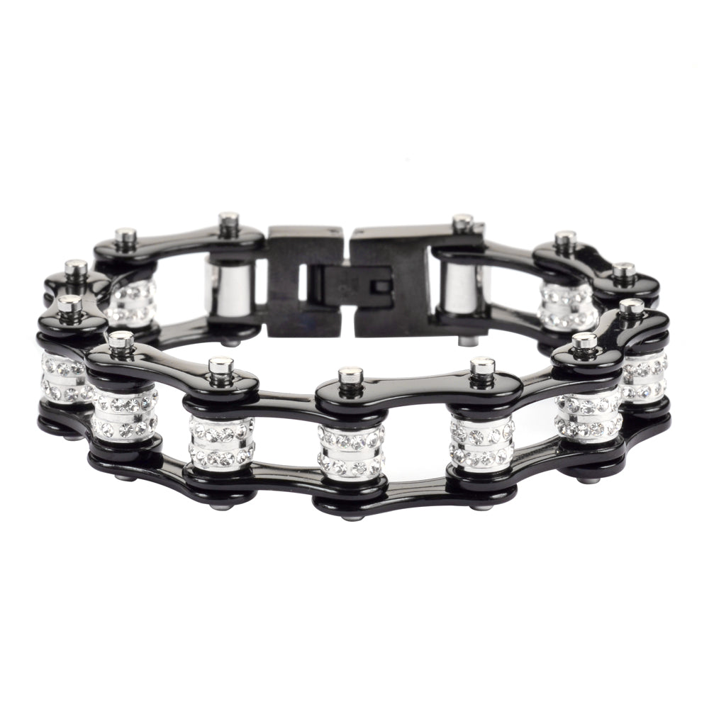 SK1617 1/2" Wide All Black Double Crystal Rollers Stainless Steel bicycle Bike Chain Bracelet