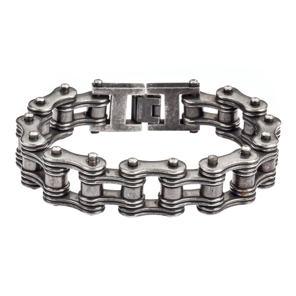 SK1702 Distressed Antique Finish 3/4" Wide Double Link Design Men's Stainless Steel bicycle Chain Bracelet