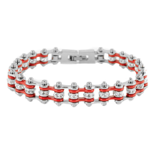 SK2001 3/8" Wide MINI MINI SIZE Two Tone Silver Red With White Crystal Centers Stainless Steel bicycle Bike Chain Bracelet