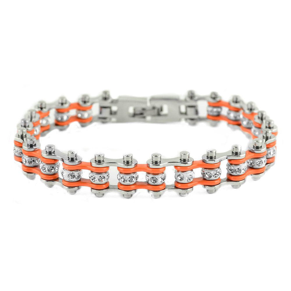 SK2002 3/8" Wide MINI MINI SIZE Two Tone Silver Orange With White Crystal Centers Stainless Steel bicycle Bike Chain Bracelet